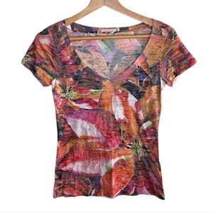Y2K Before + Again | Colorful Boho Floral V-Neck Burnout Tee Size XS